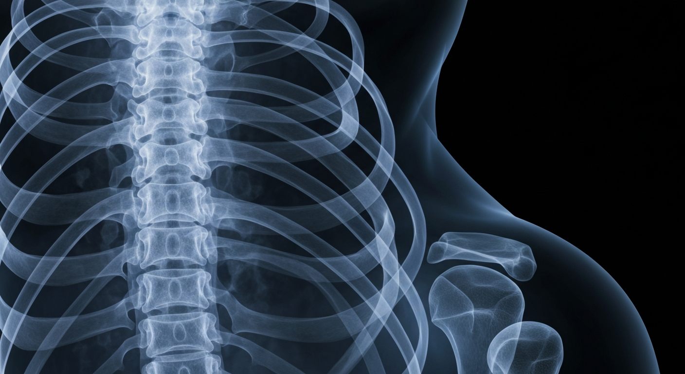 An extreme close-up X-ray image of a human spine and ribcage, rendered in translucent shades of blue and grey against a dark background, conceptually representing the fragile health of incarcerated individuals.