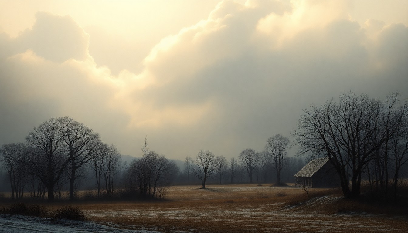 A sweeping, atmospheric landscape painting in muted blues, greys, and whites, depicting a small farmhouse or barn dwarfed by a vast, fog-shrouded countryside under a dramatic, backlit sky, conveying the overwhelming power of the natural world during a cold weather event.