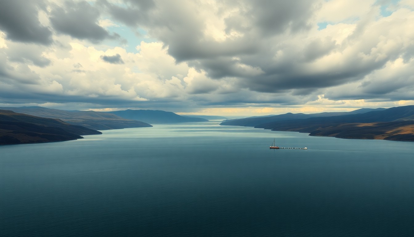 A sweeping, atmospheric landscape painting depicting the serene and expansive McCook Lake, surrounded by rolling hills and a dramatic, cloudy sky. The lake's waters reflect the moody, natural conditions, with only a few small boats or docks visible in the distance, dwarfed by the overwhelming scale of the scene.