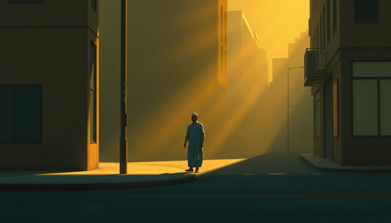 A serene, cinematic painting depicting a lone Muslim man in traditional dress standing on a city street corner, the scene bathed in warm, dramatic lighting and deep shadows, conveying a sense of isolation and unease.