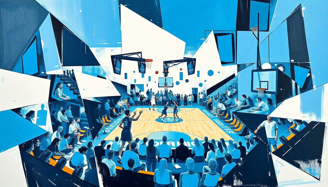A fragmented, cubist-style painting depicting the action of a women's basketball game, with sharp, overlapping geometric shapes in shades of Carolina blue, white, and black, conveying the disruption caused by the loss of a key player.