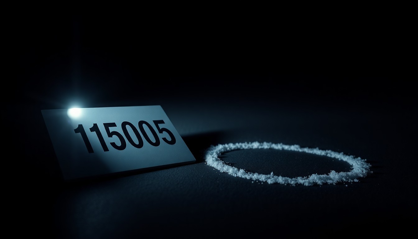 An extreme close-up photograph of a police evidence marker, such as a numbered placard or chalk outline, lit by a harsh, direct camera flash against a pitch-black background, creating a stark, gritty, investigative aesthetic.