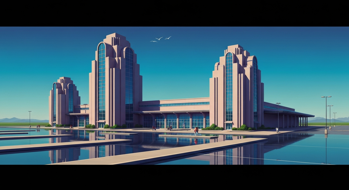 A highly stylized, geometric Art Deco illustration depicting the grand scale and sweeping architecture of a modern travel plaza, with smooth gradients, towering forced perspectives, and sleek, streamlined forms, capturing the conceptual energy and ambition of the new Wally's development.