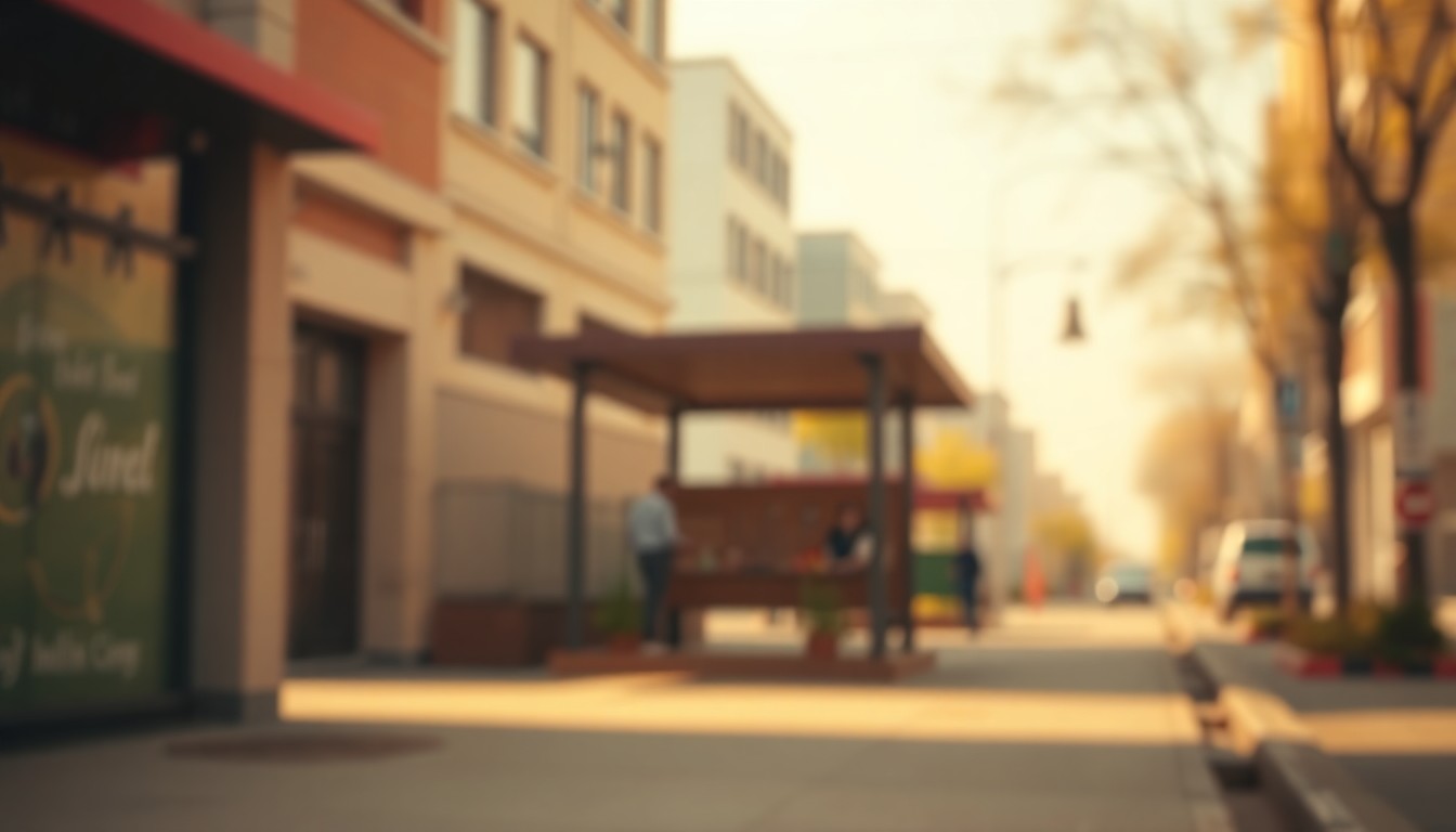 An abstract, out-of-focus urban scene with a sidewalk shed visible in the background, captured in a soft, dreamy style that evokes the mood of the story.