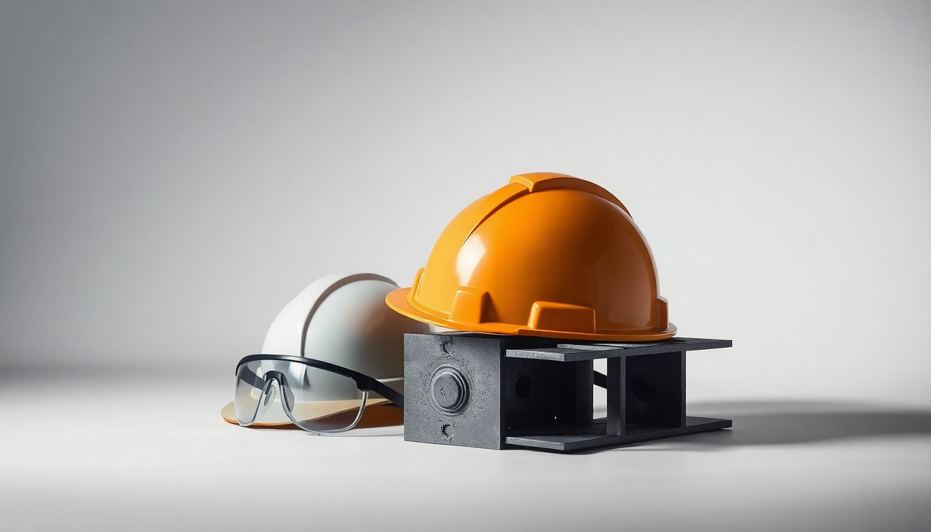 A high-end, photorealistic studio still-life photograph featuring a collection of premium construction safety equipment including a hard hat, safety goggles, and a damaged section of steel trench shoring, arranged elegantly on a clean, monochromatic background to symbolize the abstract concepts of workplace safety, risk, and accountability.
