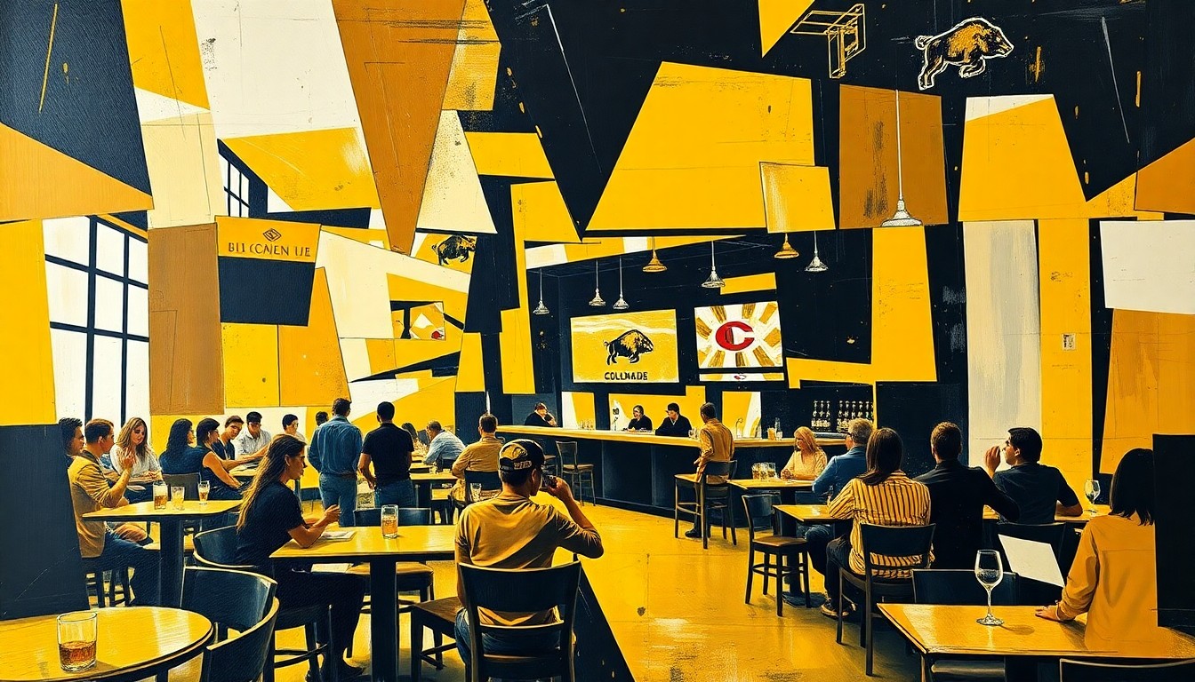 A cubist, geometric painting featuring overlapping planes of gold, black, and white, conceptually representing the energy and passion of a college sports bar scene.