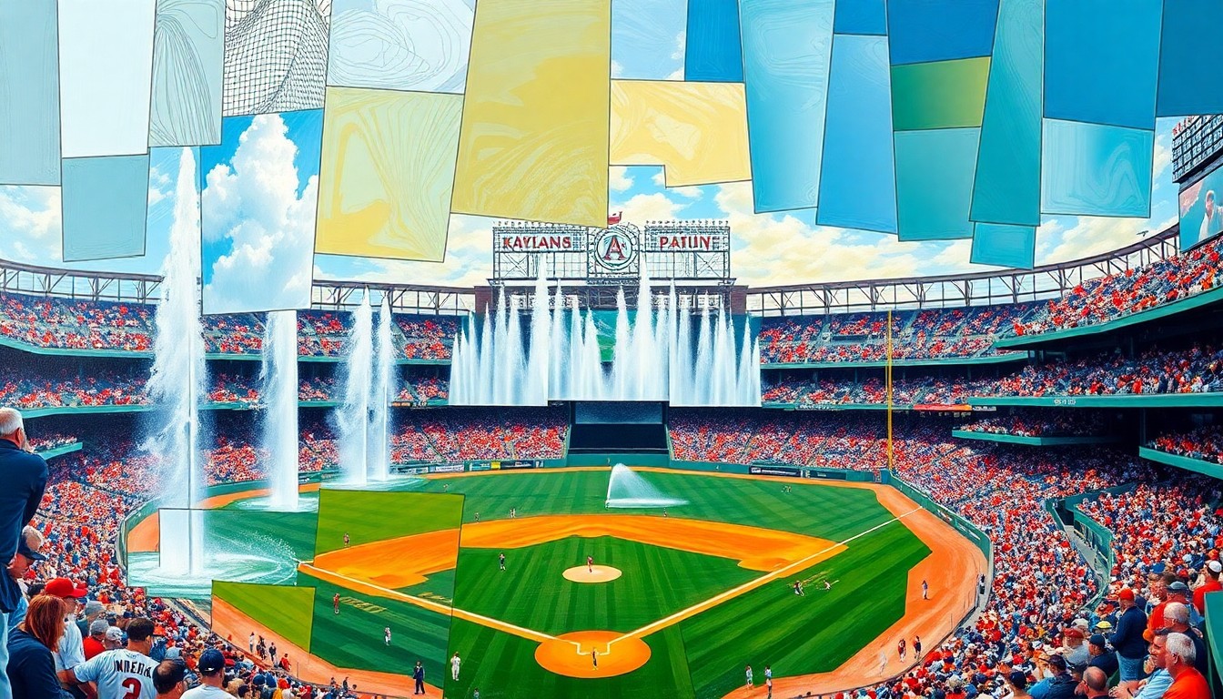 A cubist, geometric painting depicting the Kauffman Stadium fountains and baseball game action broken down into sharp, overlapping planes of color, conceptually representing the broadcast disruption caused by the environmental conditions.