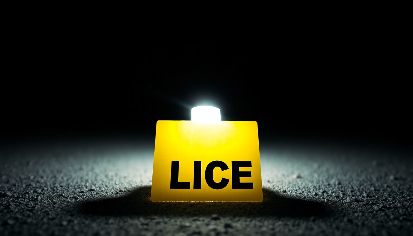 An extreme close-up of a police evidence marker on the ground, lit by a harsh, direct camera flash, creating a stark, gritty, investigative aesthetic without any text or symbols.