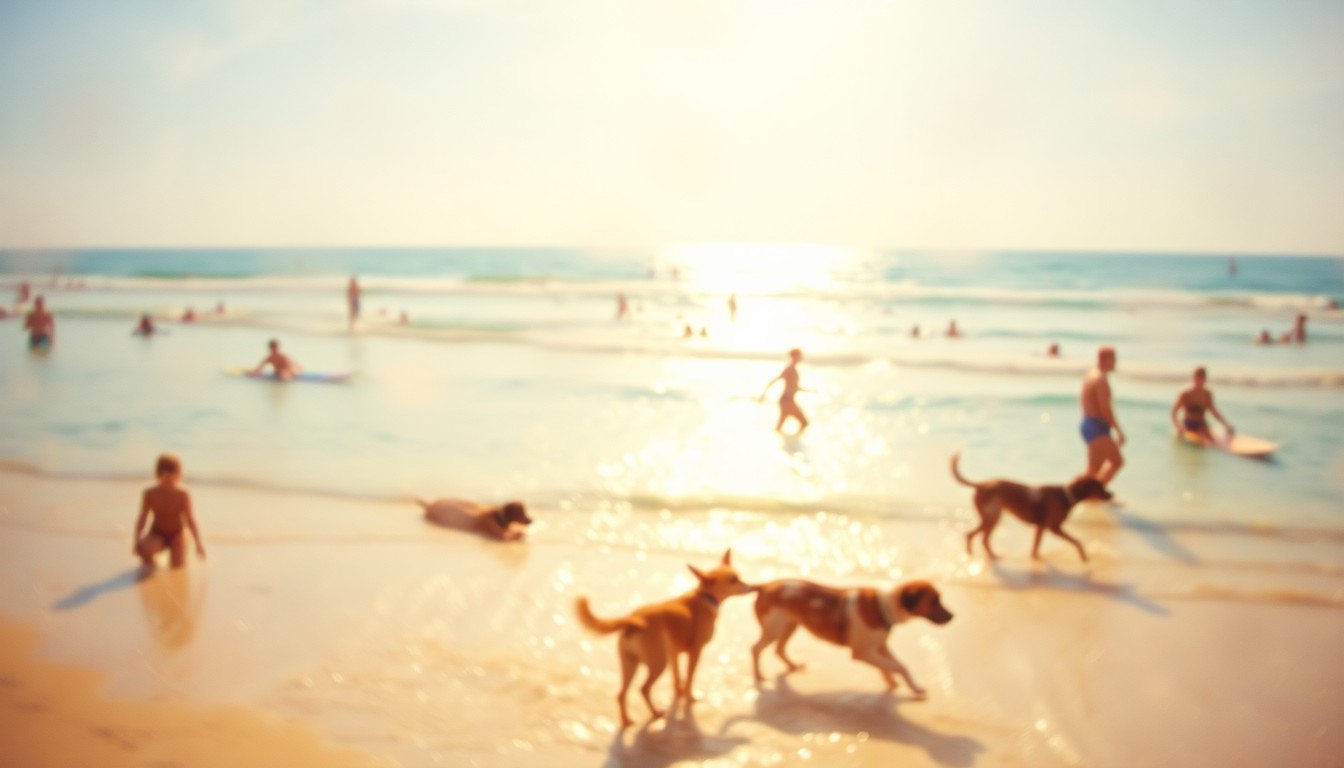 An impressionistic, out-of-focus photograph of people enjoying a sunny day at the beach, with dogs playing in the waves and surfers catching the swell, all captured in a hazy, dreamlike wash of warm colors and soft light.