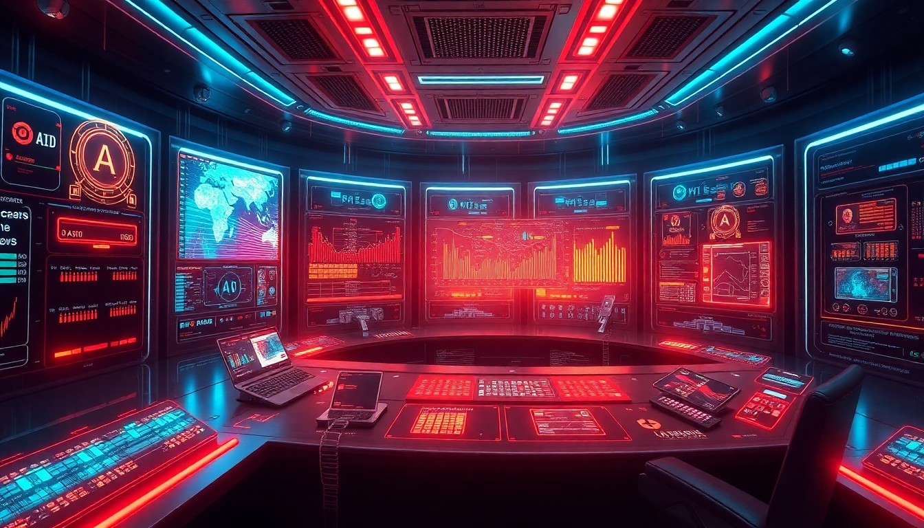 A highly detailed, glowing 3D illustration of a futuristic AI-powered media control center, with holographic displays, pulsing data streams, and a sense of technological power and innovation, conceptually representing the transformative impact of AI on the future of journalism.