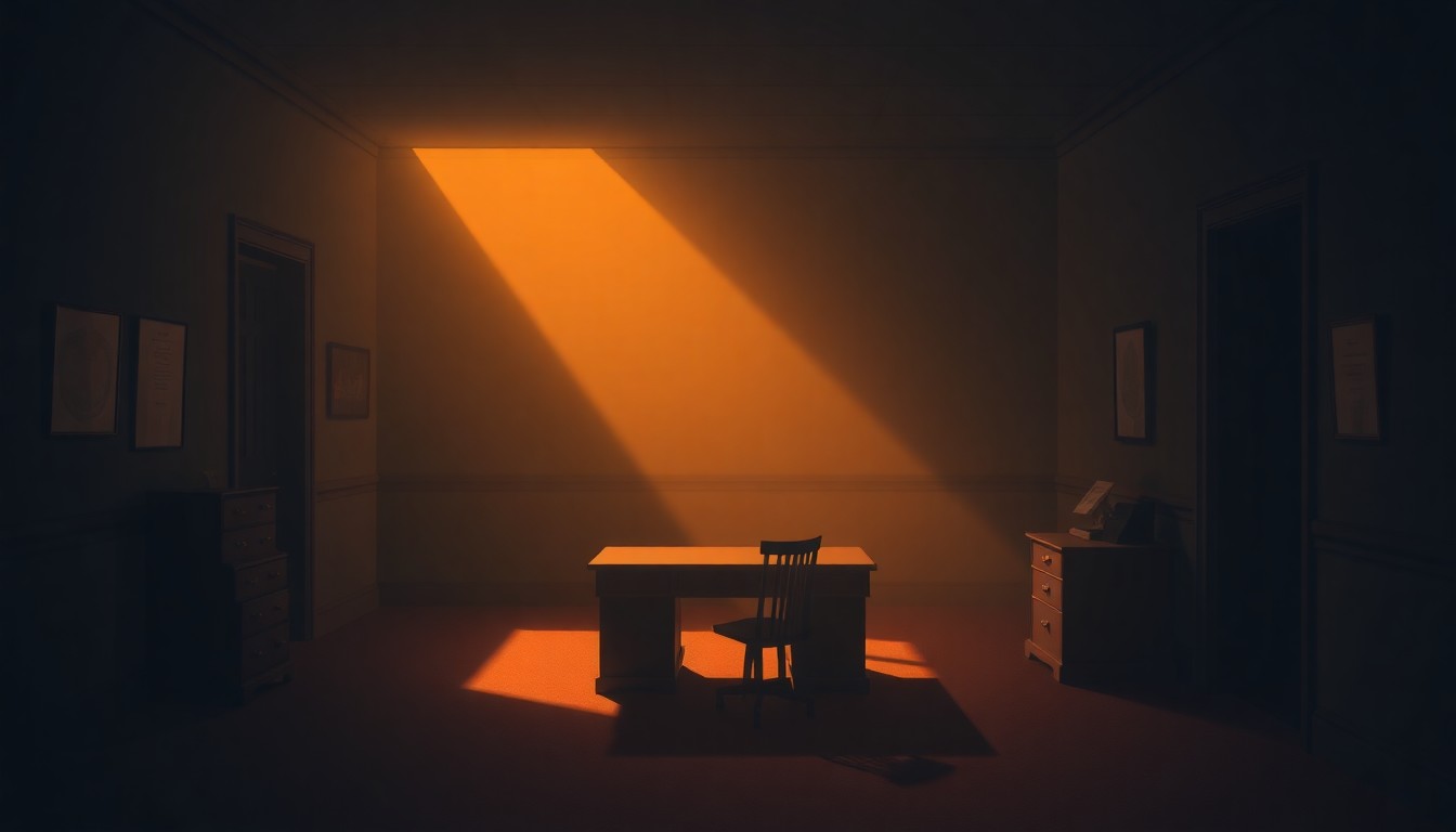 A dimly lit, cinematic painting of a solitary government office space with a lone desk and chair, bathed in warm, diagonal sunlight and deep shadows, conceptually representing the complex issues at the heart of this political case.