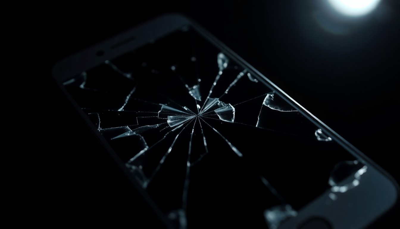 An extreme close-up of a shattered cell phone screen, reflecting harsh light and casting dramatic shadows, conceptually representing the violence and tragedy of a domestic violence incident.