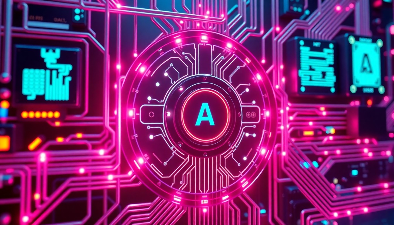 A highly detailed, glowing 3D macro illustration of a complex AI-powered infrastructure control system, with neon cyan and magenta lights illuminating the intricate circuitry and data flows, conceptually representing the advanced technology and talent development at the heart of this partnership.