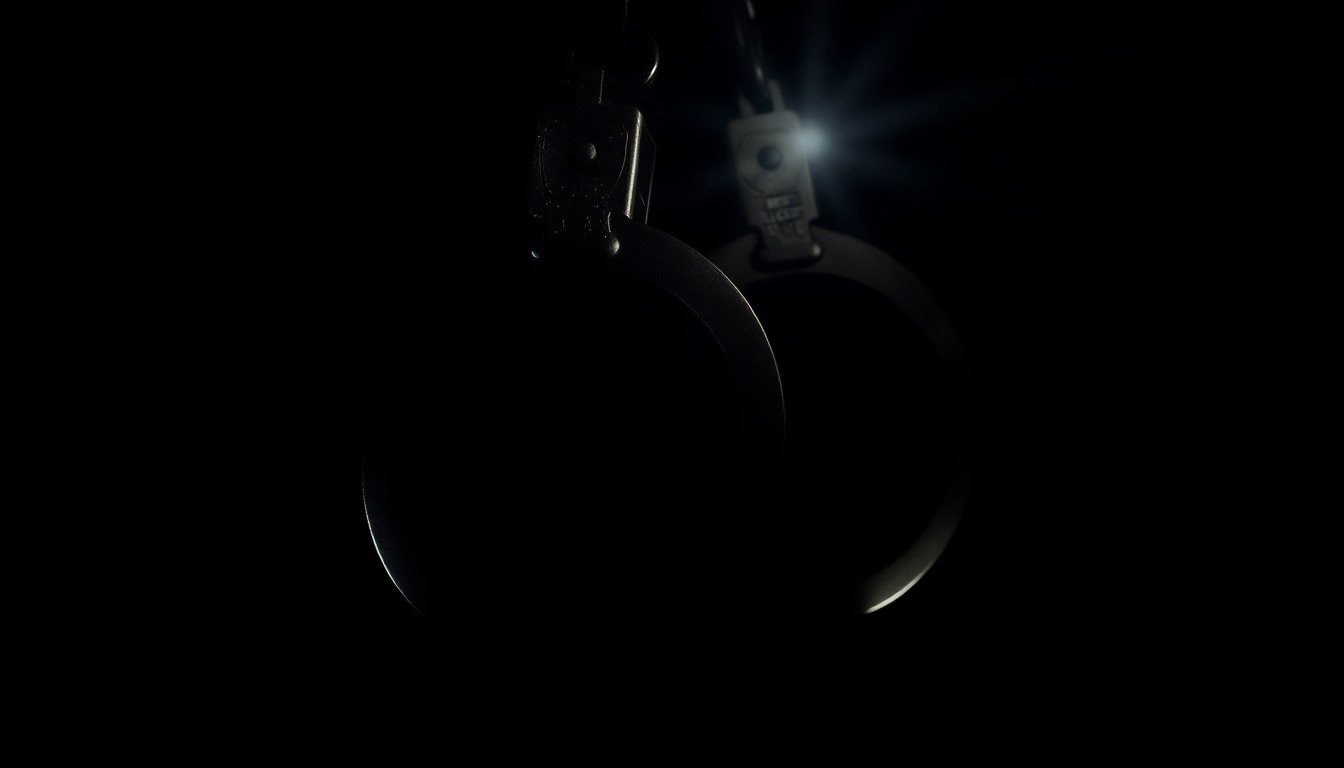 An extreme close-up photograph of a police badge or handcuffs against a pitch-black background, lit by a harsh, direct camera flash, conceptually representing the serious and investigative nature of the story about high-risk sex offenders.
