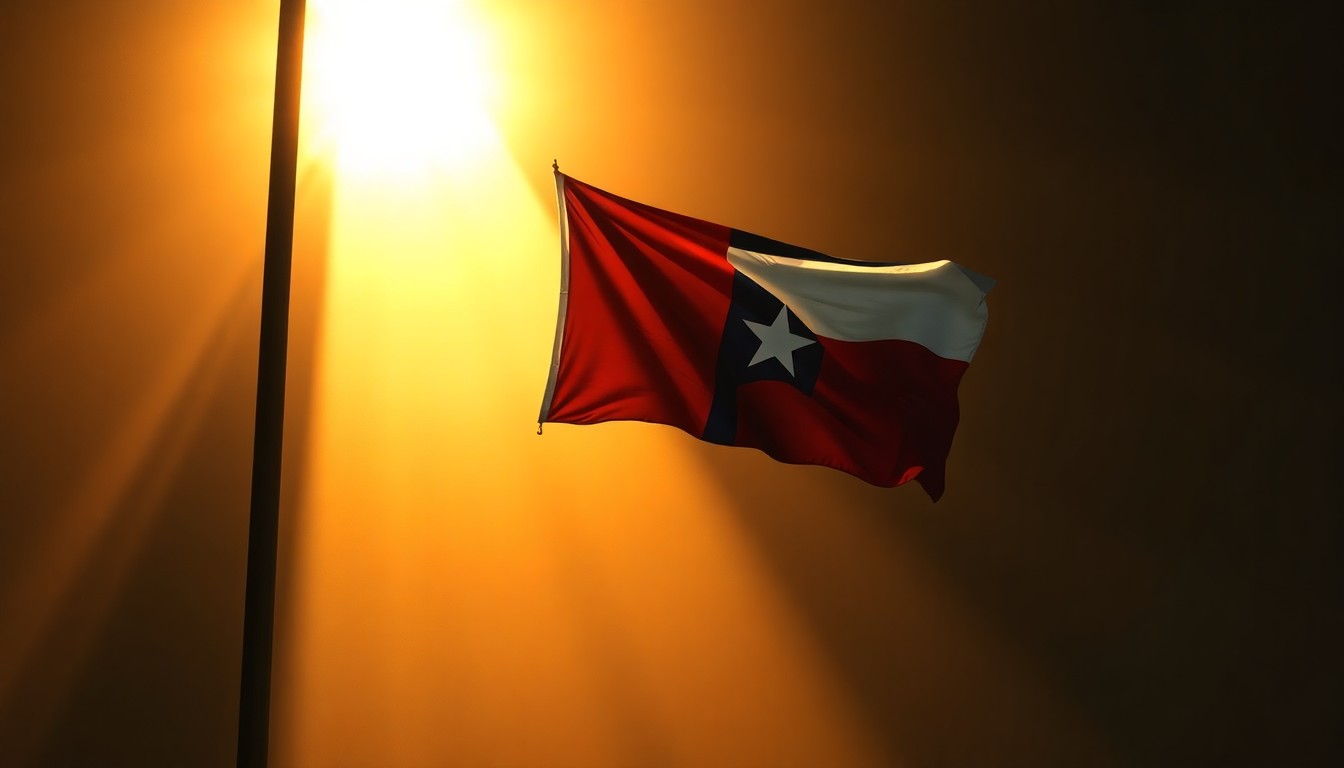 A solitary Texas state flag hanging on a flagpole, its fabric illuminated by warm, angled sunlight and surrounded by deep shadows, conveying a sense of political isolation and uncertainty.