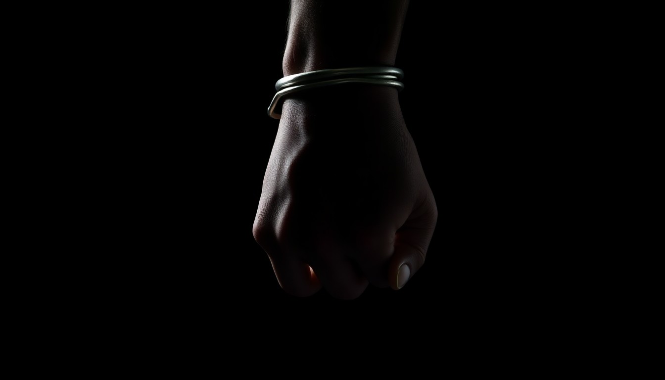 An extreme close-up of a handcuffed wrist against a dark background, conceptually illustrating the legal consequences of a sex offender violating registration requirements.