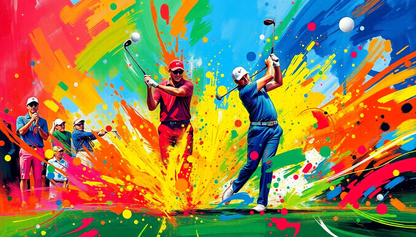 An abstract expressionist painting in neon colors, with rapid brushstrokes capturing the dynamic motion and energy of a golf tournament.