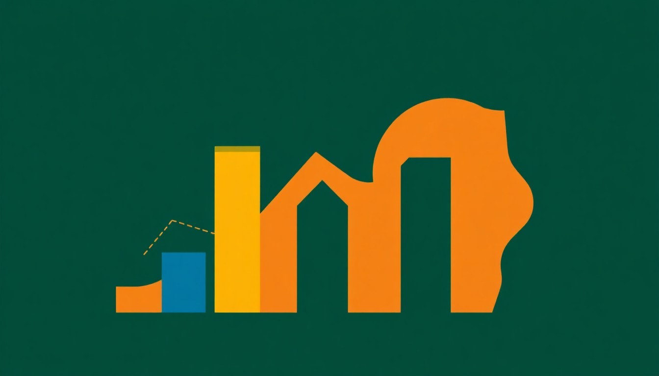 A minimalist illustration using bold geometric shapes and primary colors to conceptually depict economic growth and development in Marion County, Iowa.