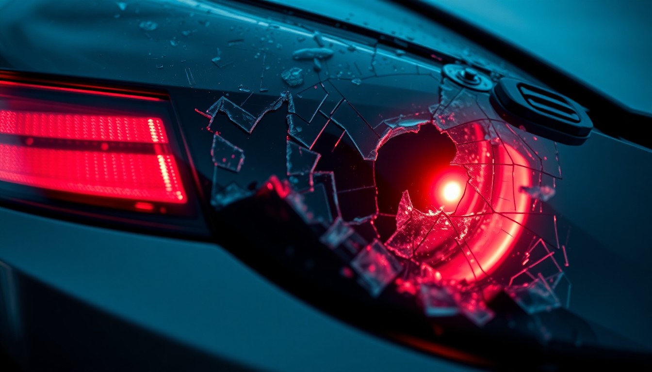 An extreme close-up of a shattered car sensor lens reflecting a faint red light, conceptually illustrating the vandalism of self-driving cars.