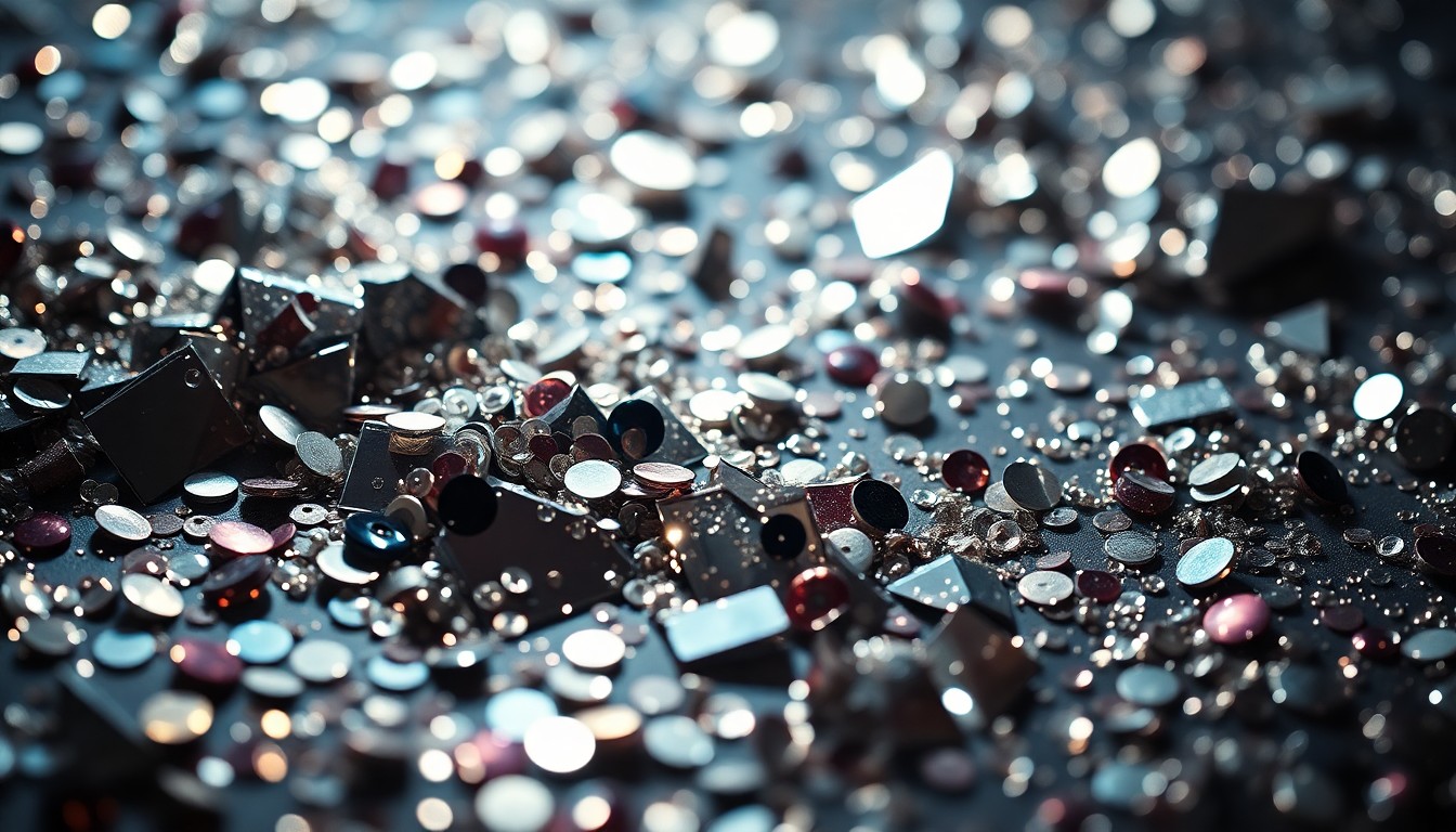 An abstract close-up photograph of shimmering sequins and shattered glass, using dramatic lighting to create a luxurious, glamorous aesthetic.
