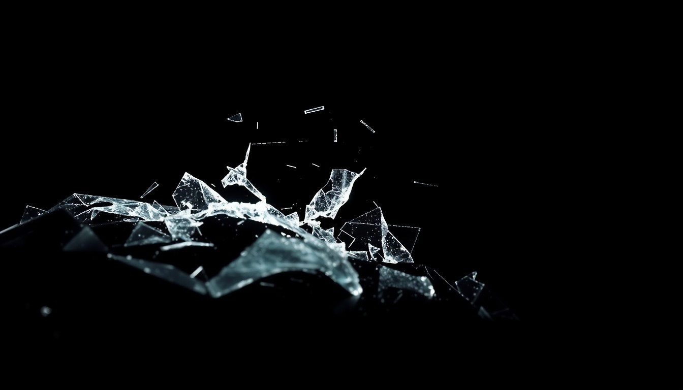 An extreme close-up photograph of shattered glass from a vehicle, captured in harsh, dramatic lighting to convey the gritty reality of a serious traffic accident.