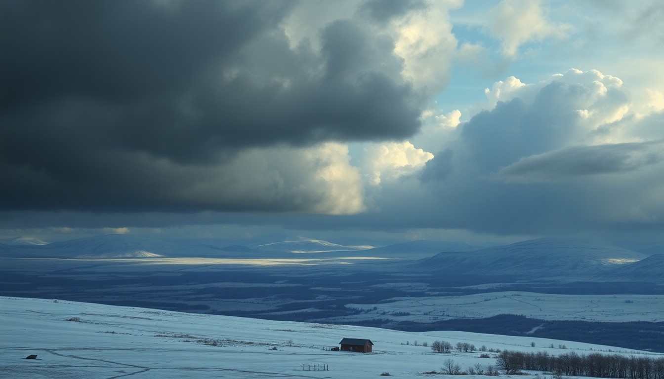 A sweeping, atmospheric landscape painting in muted tones of white, grey, and blue, depicting a vast, snow-covered expanse under a dramatic, cloudy sky. The scene conveys the overwhelming scale and power of the natural world, with any physical structures or objects barely visible and dwarfed by the weather.