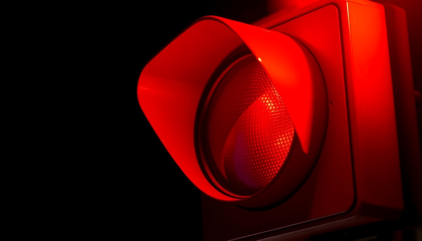 An extreme close-up photograph of a red traffic light camera housing against a pitch-black background, capturing the stark, gritty details of the device with dramatic lighting.