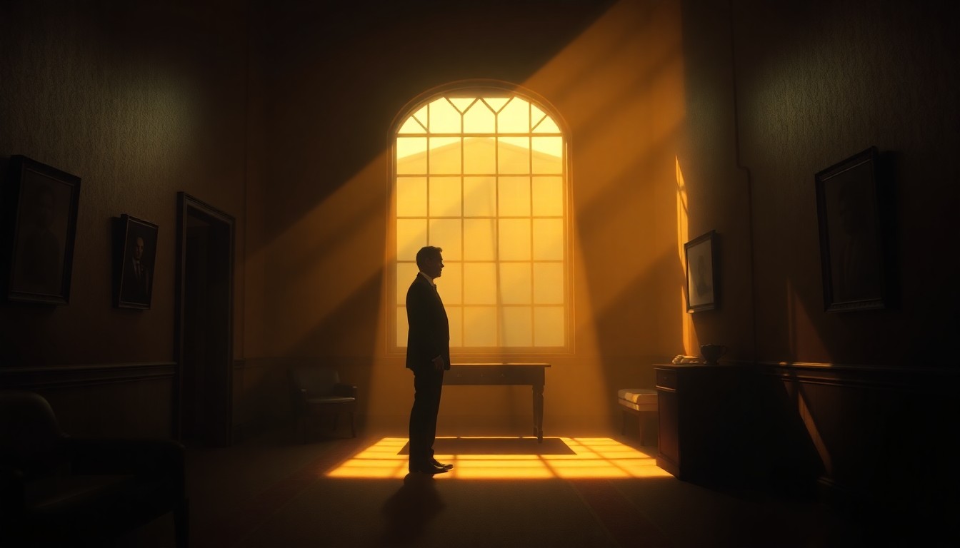 A cinematic painting of a lone politician standing in a dimly lit government office, the space bathed in warm, diagonal sunlight and deep shadows, conceptually representing Tubbs' pragmatic yet principled approach to governing.