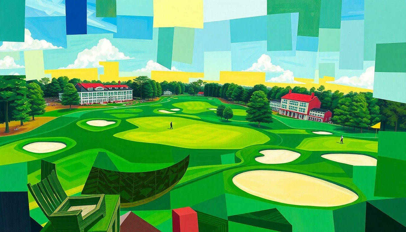 A fractured, multi-perspective painting featuring sharp, overlapping geometric planes in vibrant shades of green, representing the iconic Augusta National Golf Club course and the Masters Tournament action.