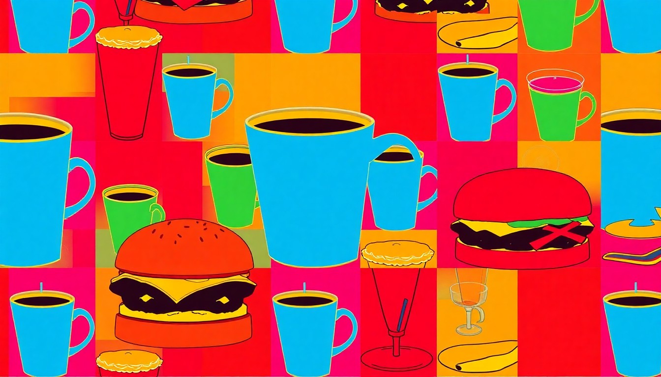 A high-contrast, silkscreen-style illustration featuring an iconic restaurant object like a coffee cup or burger repeated in a grid pattern, using a bold, neon color palette to capture the energy of Downtown Arlington's dining renaissance.