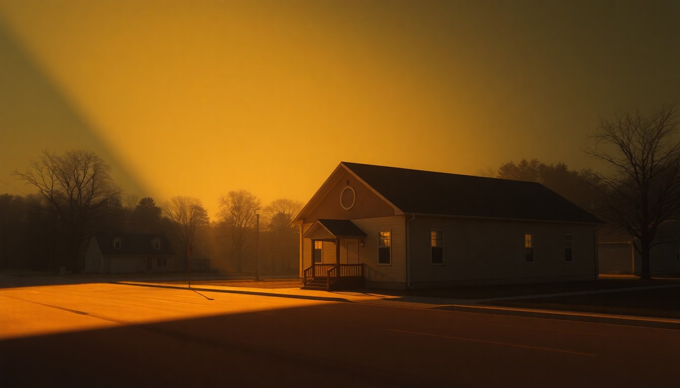 A serene, nostalgic painting of a lone community center or church building in warm, golden light, conveying a sense of quiet contemplation and civic purpose.