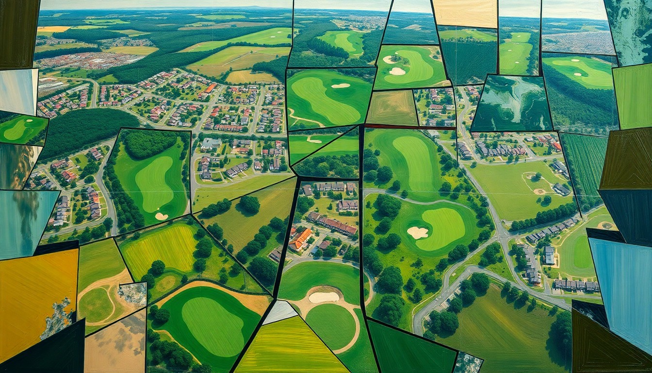 A cubist, geometric painting depicting the Maggie Hathaway Golf Course and surrounding neighborhood, with sharp, overlapping planes of green, brown, and blue hues conveying the course's transformation and role as a community space.