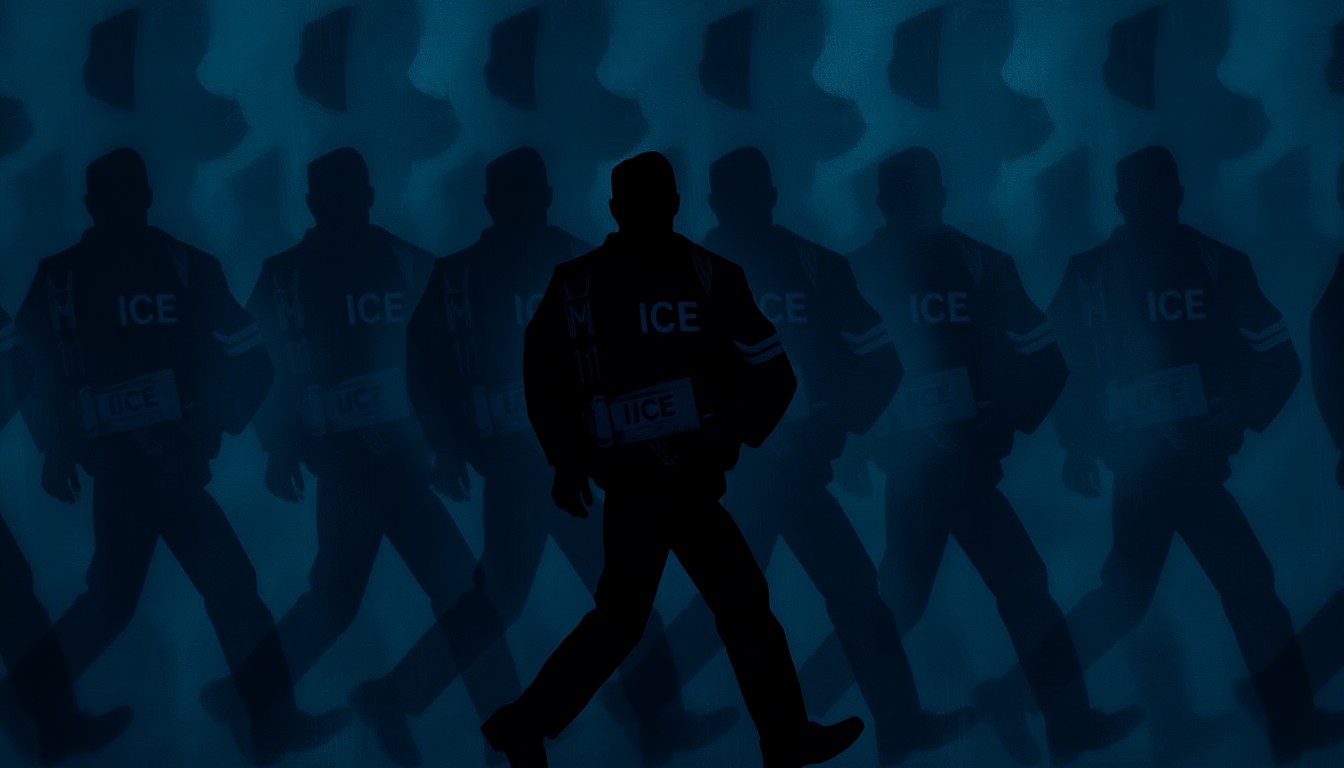 A dynamic, abstract painting depicting the blurred, fragmented motion of an ICE agent, conveying a sense of chaos and aggression through the use of overlapping geometric shapes and dark, muted colors.