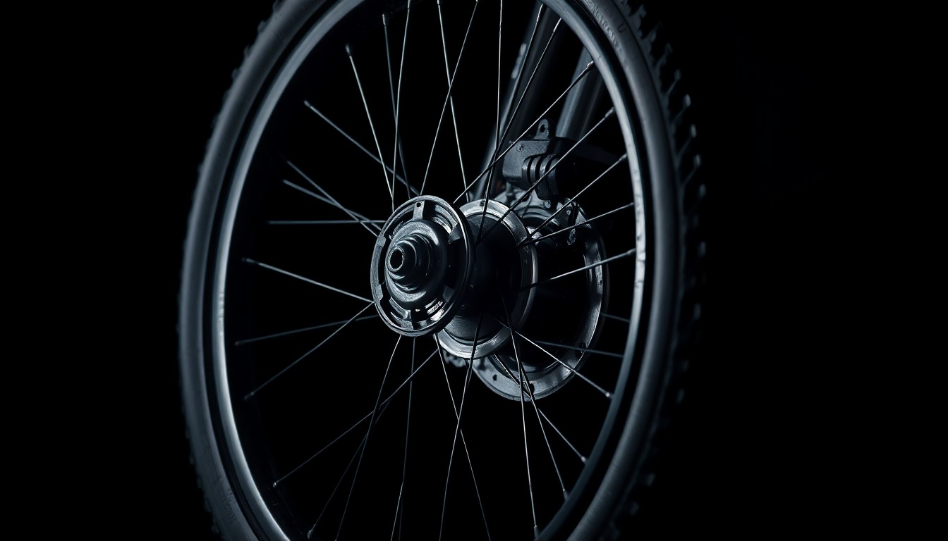 An extreme close-up photograph of a damaged eBike wheel, the metal spokes and rubber tire distorted and cracked, against a pitch-black background lit by a harsh, direct camera flash, conceptually representing the aftermath of a hit-and-run collision.