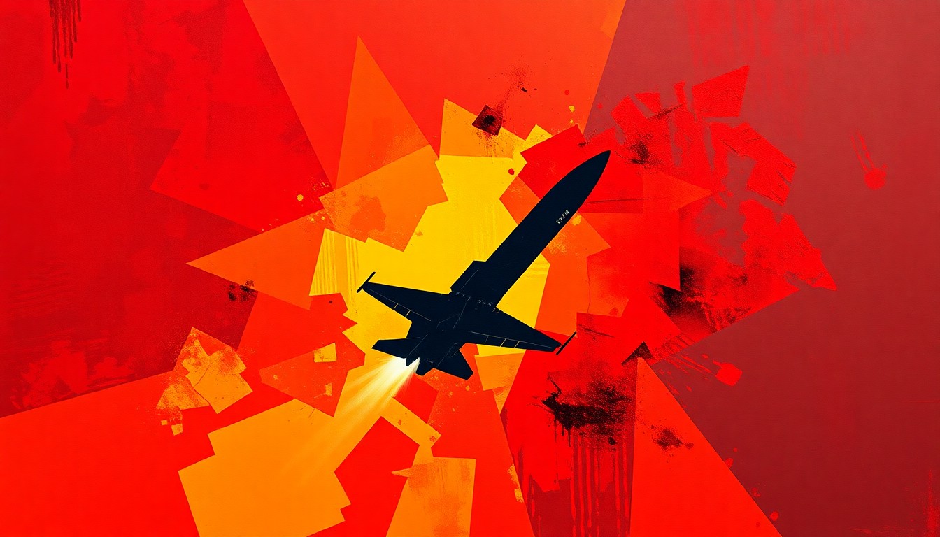 A vibrant, fractured painting in shades of red, orange, and yellow depicting the silhouette of a missile or military aircraft in motion, conceptually representing the escalating geopolitical tensions shaking financial markets.