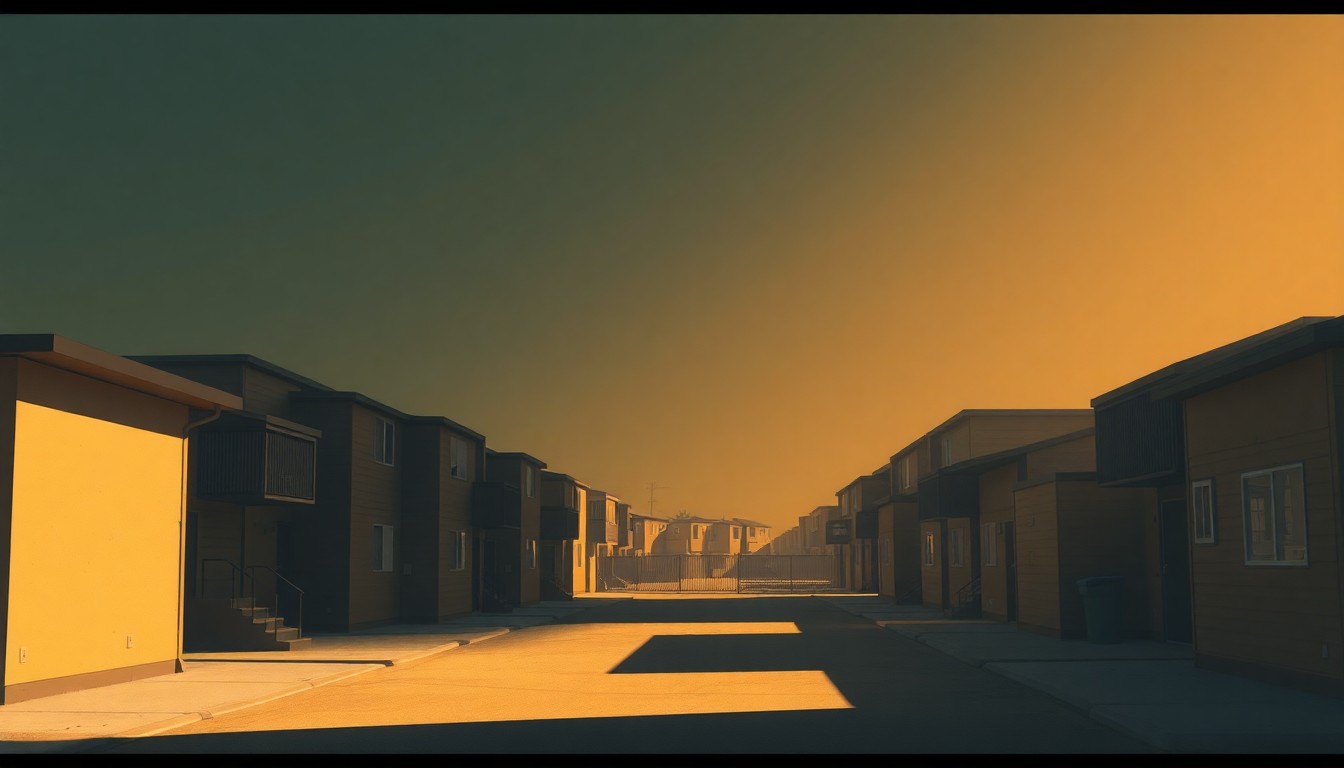 A serene, cinematic painting of a modest affordable housing complex in Los Angeles, with warm sunlight casting long shadows across the building's facade, capturing the solitary nature of the housing crisis in the city.