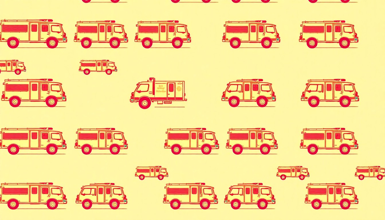 A bold, abstract silkscreen print of a fire truck icon repeated in a grid, using bright neon colors and heavy black outlines to transform the everyday vehicle into a work of modern pop art.