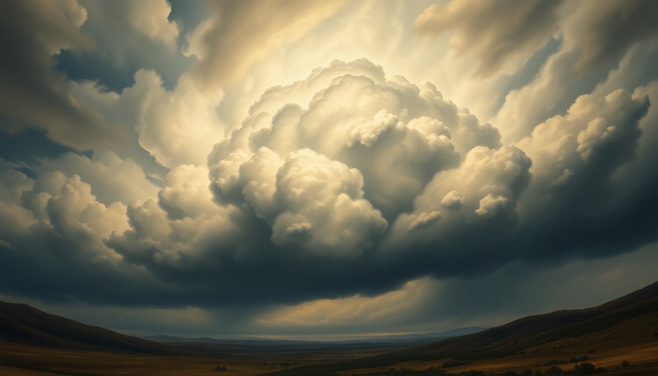 A dramatic landscape painting in muted tones, with a massive, swirling storm system dominating the horizon and casting an ominous shadow over the surrounding countryside. The scene conveys a sense of the overwhelming power and sublime scale of the impending severe weather.