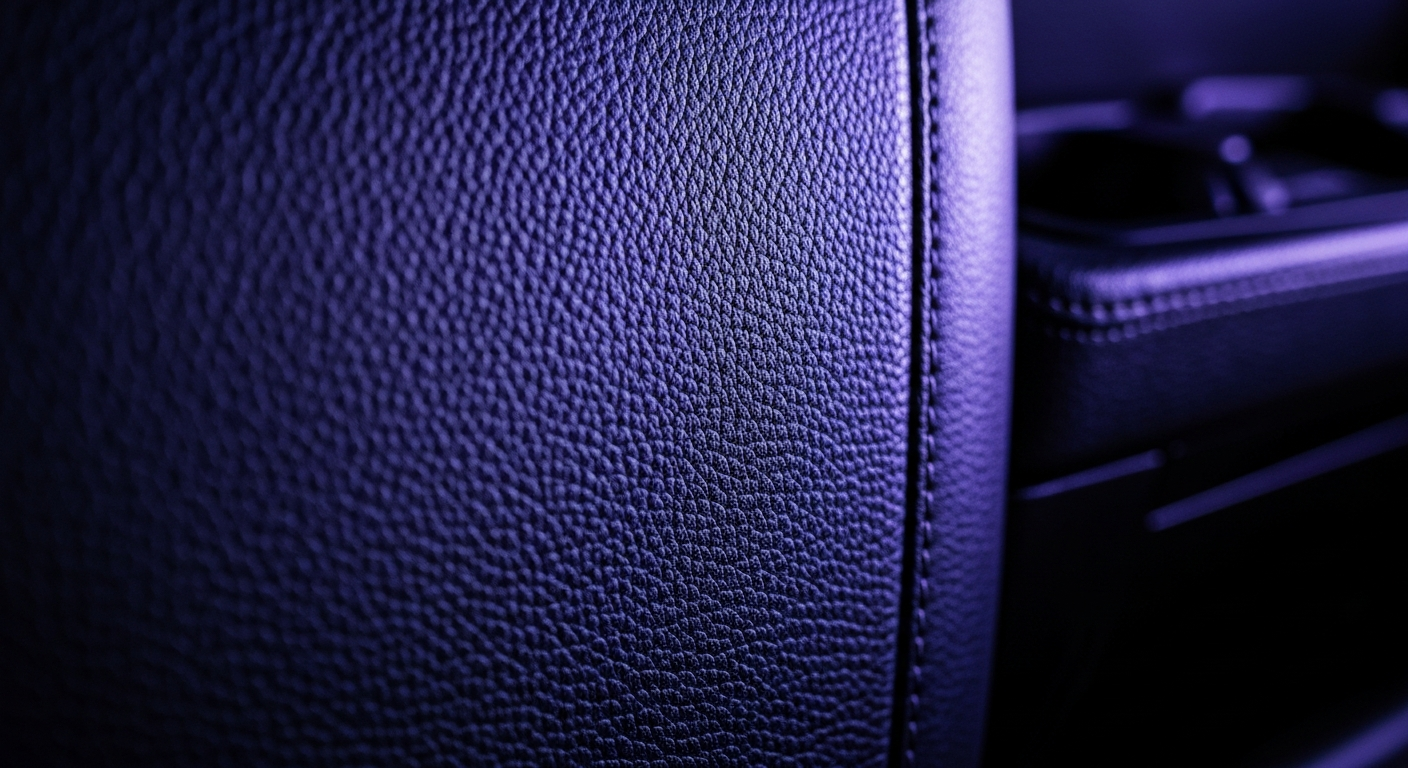 An extreme close-up of the textured, pebbled surface of a premium leather automotive interior, captured in dramatic lighting and vibrant colors that convey the quality and craftsmanship of the vehicle.