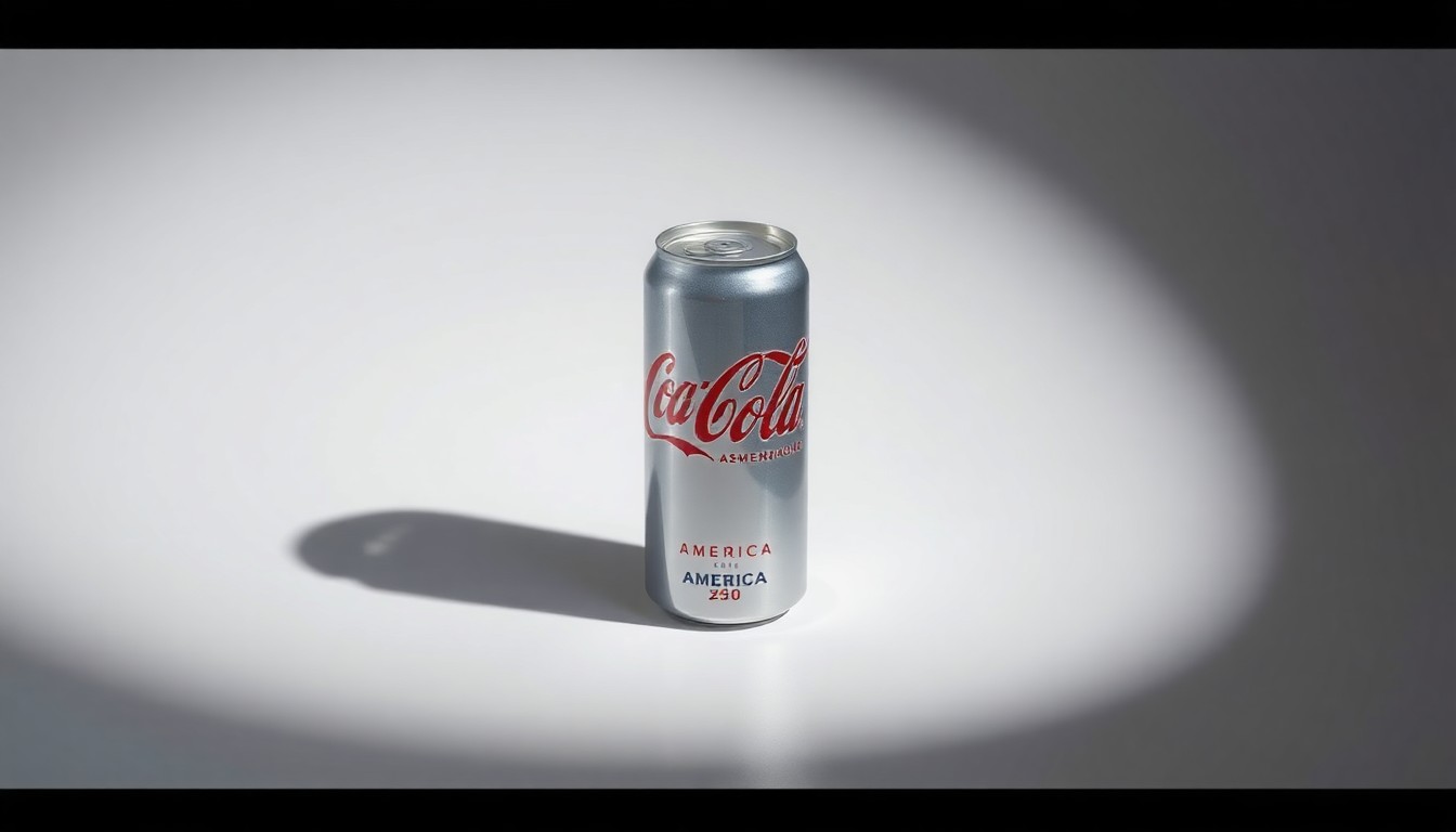 A photorealistic studio still-life photograph of a single, gleaming Coca-Cola can with the America250 commemorative design, resting on a clean, monochromatic seamless background and dramatically lit to highlight the premium, patriotic nature of this limited-edition product.