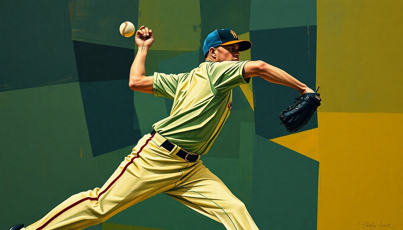 A cubist-style painting depicting a baseball pitcher's motion broken down into sharp, overlapping geometric shapes in muted tones, conveying the complexity and uncertainty surrounding Bauer's return to professional baseball.