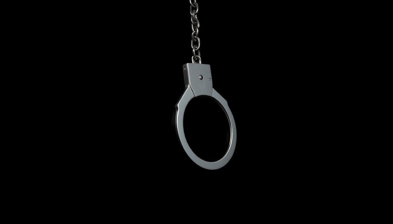 An extreme close-up photograph of a metal handcuff against a pitch-black background, creating a stark, investigative aesthetic through the use of harsh, direct lighting.