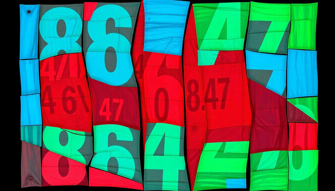 A dynamic, abstract painting featuring overlapping, geometric shapes and waves of bold, contrasting colors that conceptually represent the tensions and ambiguity surrounding a protest sign with the text '86 47'.