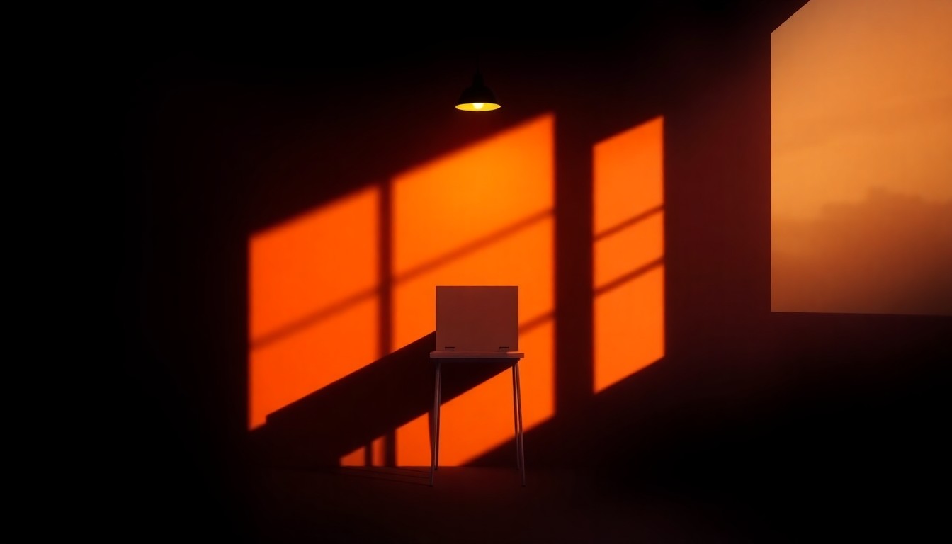 A serene, photorealistic painting of a lone voting booth or ballot box in a dimly lit room, with warm, golden light streaming in from a window and casting deep shadows across the scene, conveying a sense of civic duty and the quiet solemnity of the electoral process.