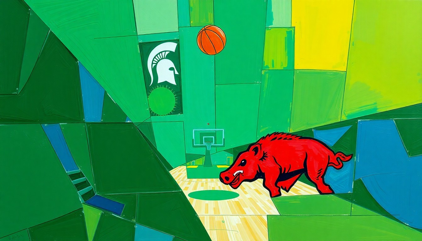A cubist, geometric painting depicting fragmented, overlapping views of a college basketball game, with vibrant colors of green, blue, and red conveying the energy and intensity of the anticipated matchup.