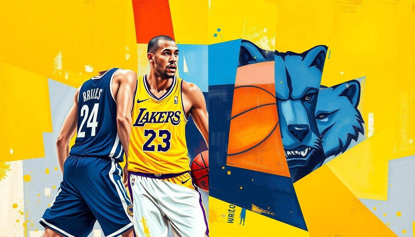 A fragmented, geometric painting depicting the overlapping perspectives and high-stakes decisions of an NBA draft or trade, using bold colors and angular shapes to capture the dynamic energy.