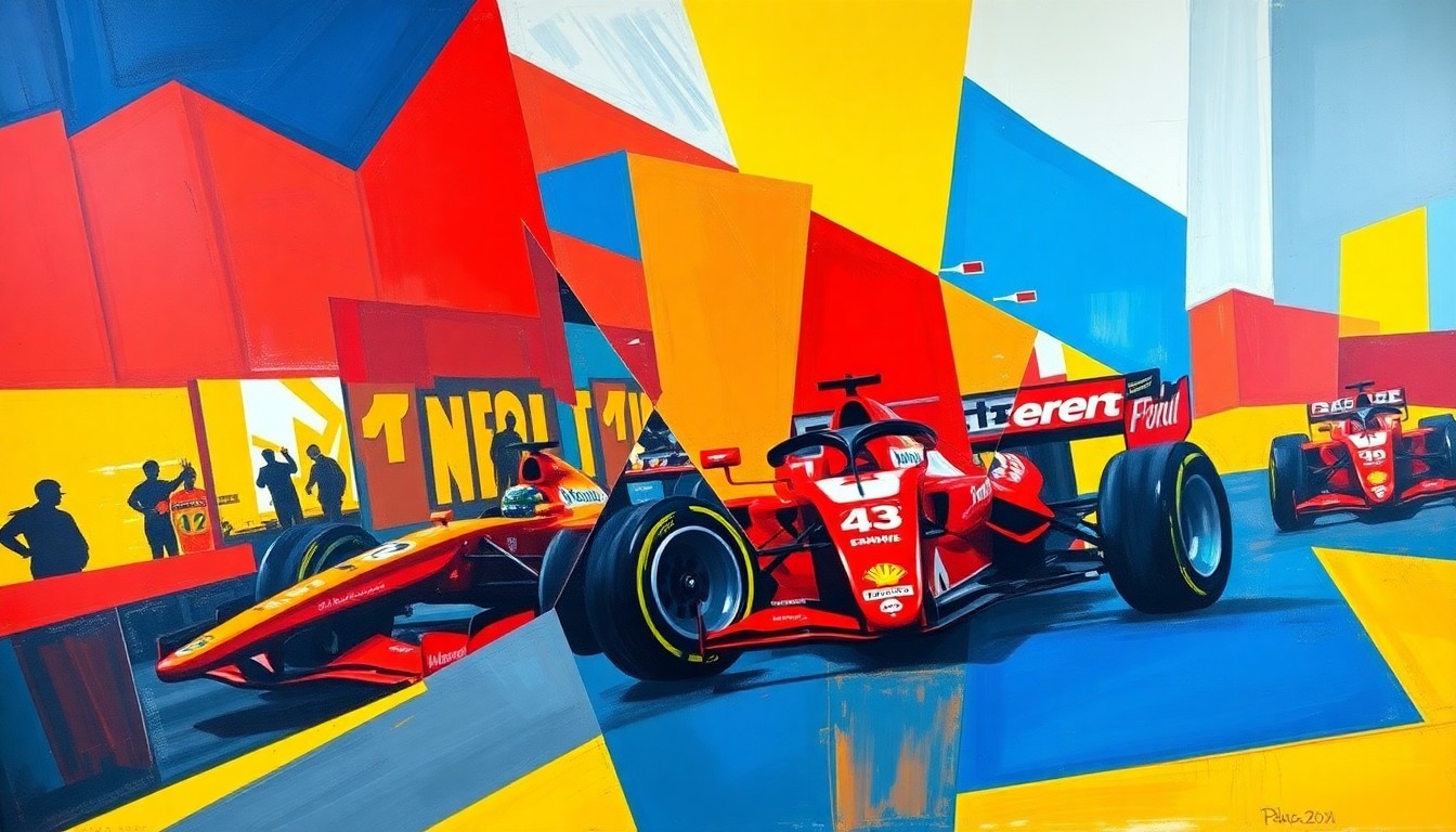 A cubist, geometric painting depicting an abstract F1 Academy race scene, with sharp planes of color and overlapping perspectives conveying the dynamic energy of motorsport competition.