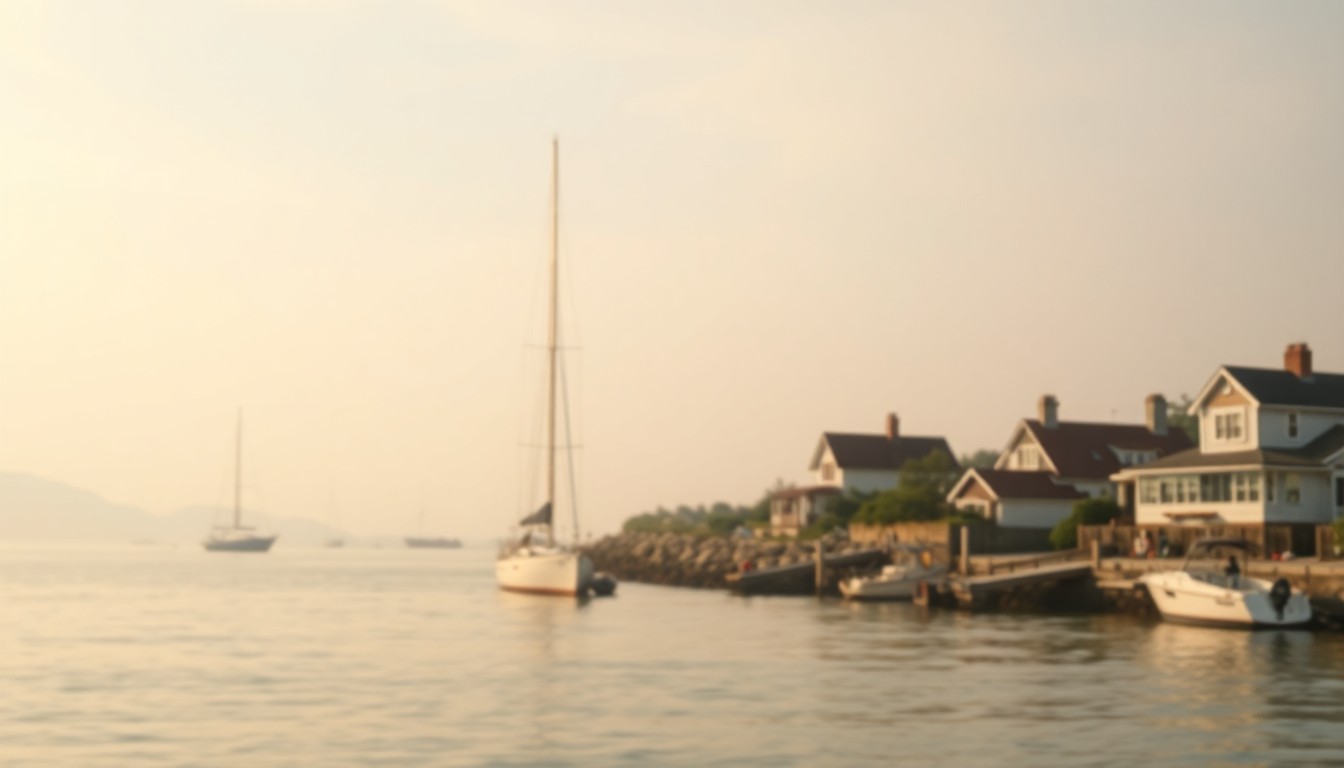 An abstracted, out-of-focus photograph in soft, warm tones depicting a serene coastal scene with sailboats and cottages, conveying the peaceful lifestyle that Shirley S. Anderson enjoyed for decades.