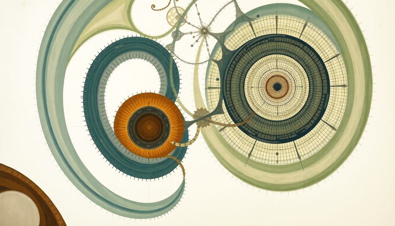 A bold, geometric abstract painting in muted green, blue, and brown tones, depicting the complex systems and natural forces at play within a nuclear power plant through sweeping arcs, concentric circles, and precise botanical spirals, conveying the structural order and environmental impact of this essential energy infrastructure.