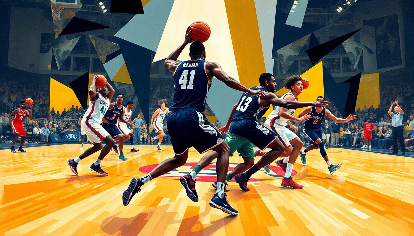 A cubist, geometric painting depicting the fragmented movements and energy of a basketball game, with the players' forms broken down into abstract shapes and colors.